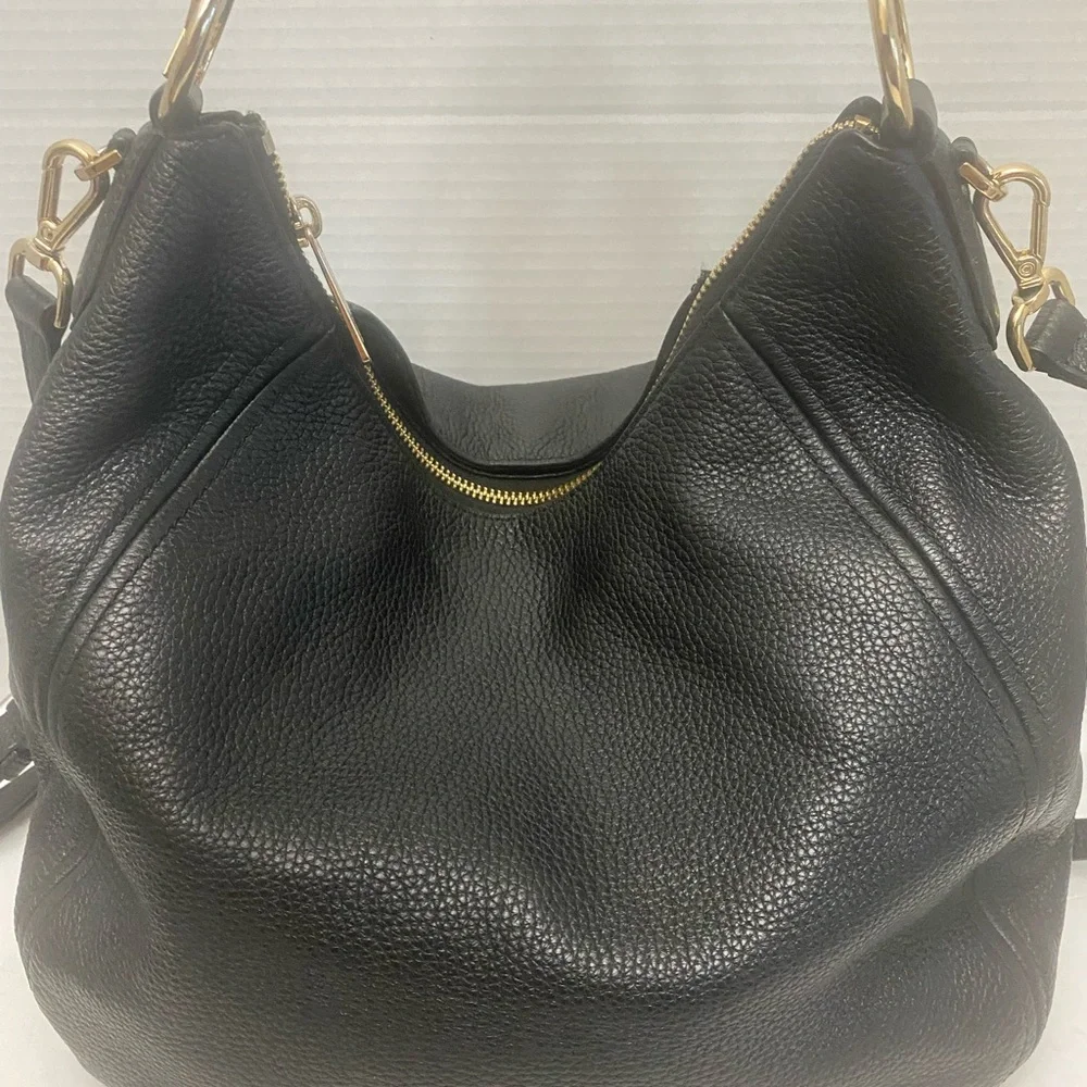 Michael Kors Fulton Black Leather Hobo Bag with Gold Accents shoulder & XBody
